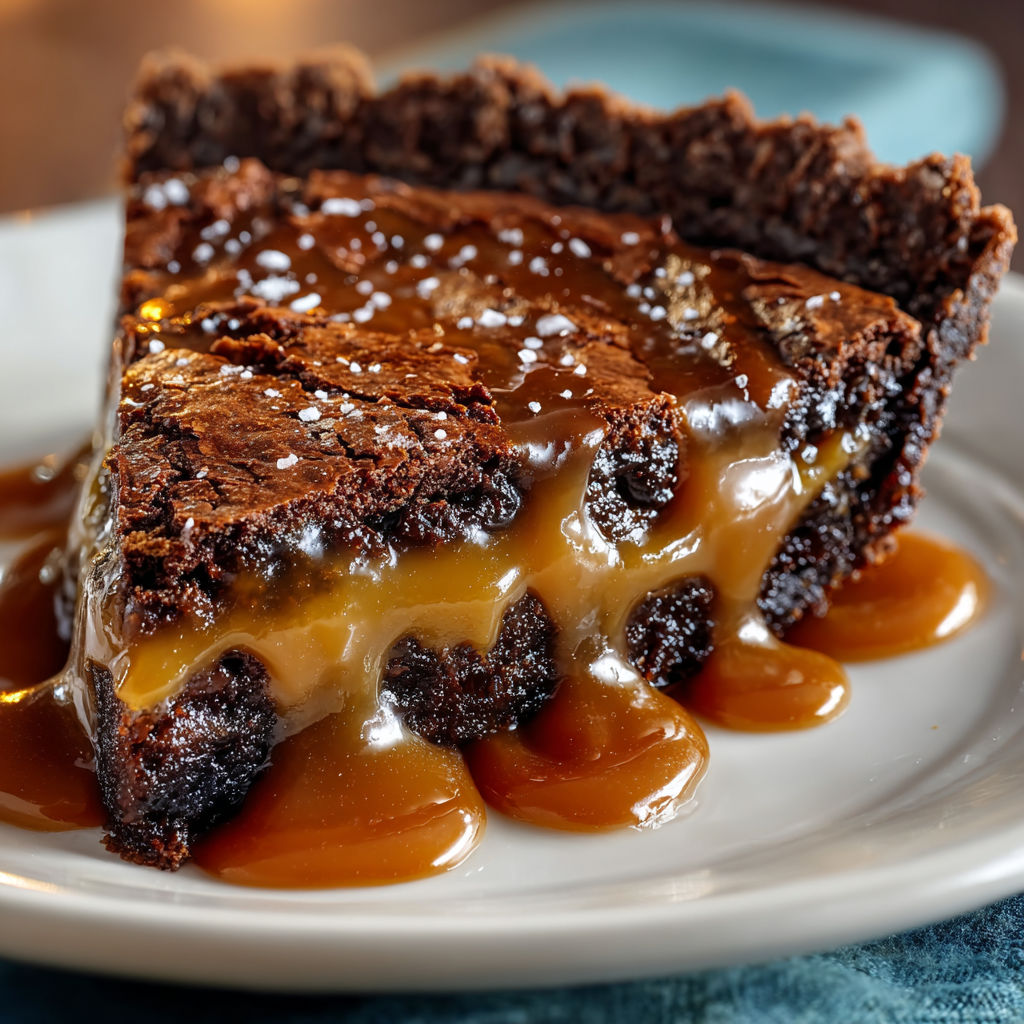 A slice of Rich and Gooey Caramel Brownie Pie is served on a white plate.