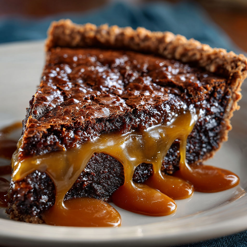 A slice of chocolate pie with caramel drizzled on top.