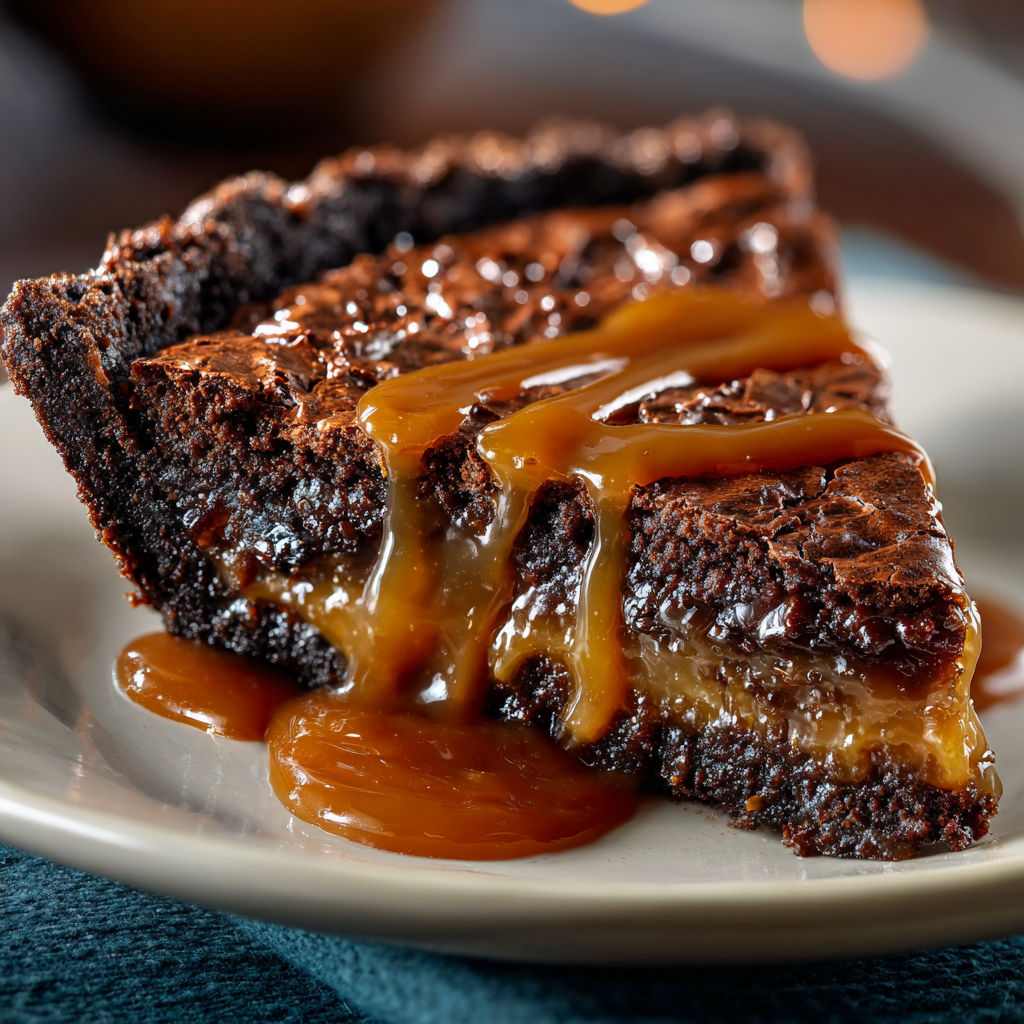 A slice of chocolate cake with caramel sauce drizzled over it.