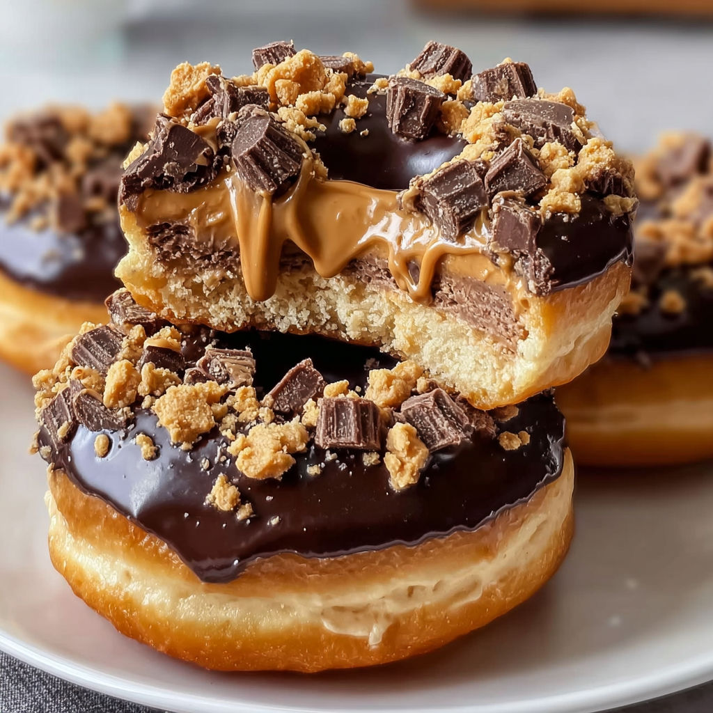 A chocolate doughnut with peanut butter and chocolate chips on top.