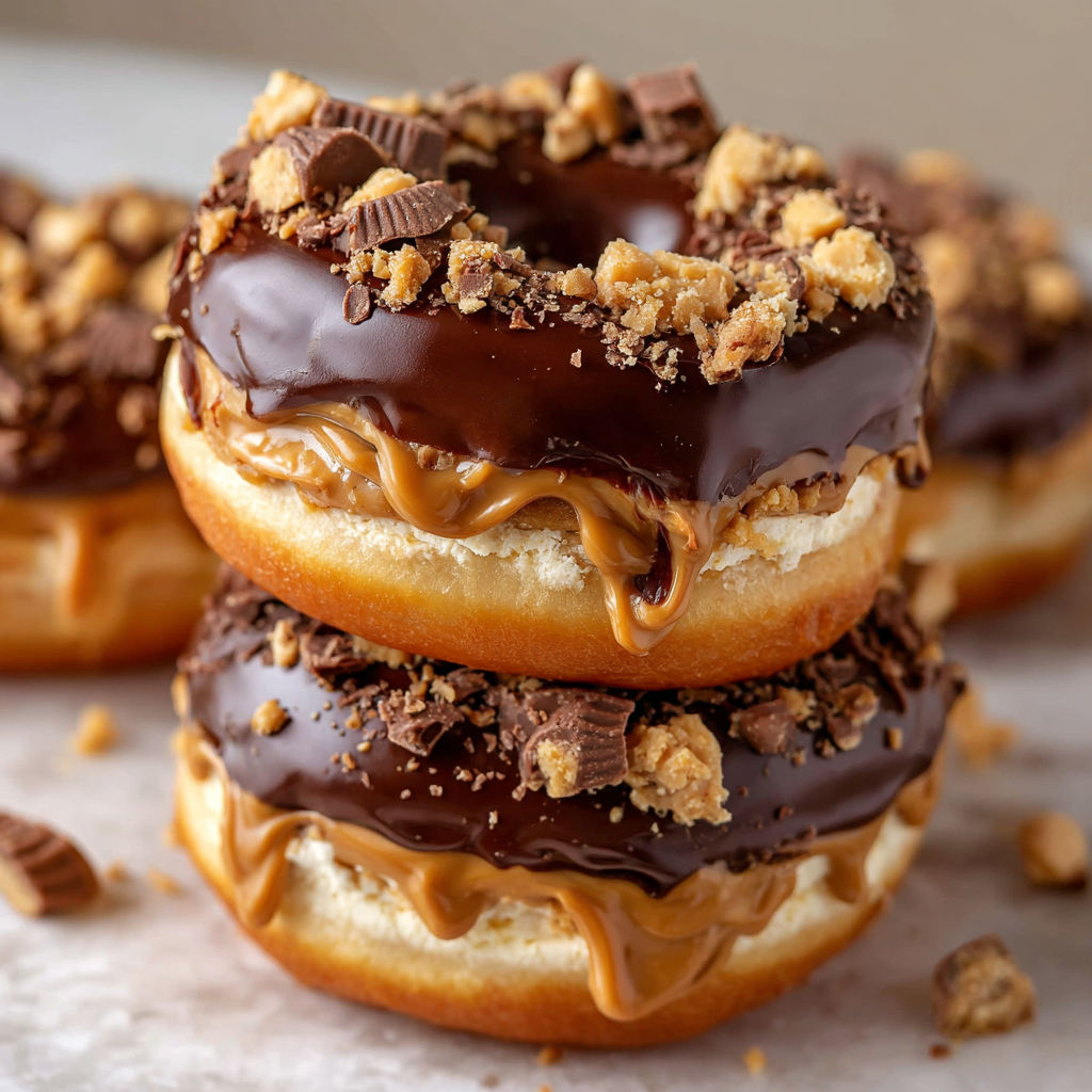 A close up of a chocolate doughnut with peanut butter and chocolate drizzled on top.