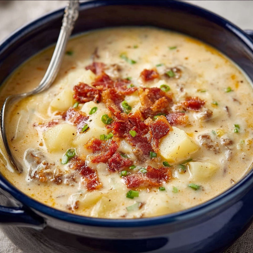 A bowl of Creamy Potato Bacon Soup with a spoon inside.
