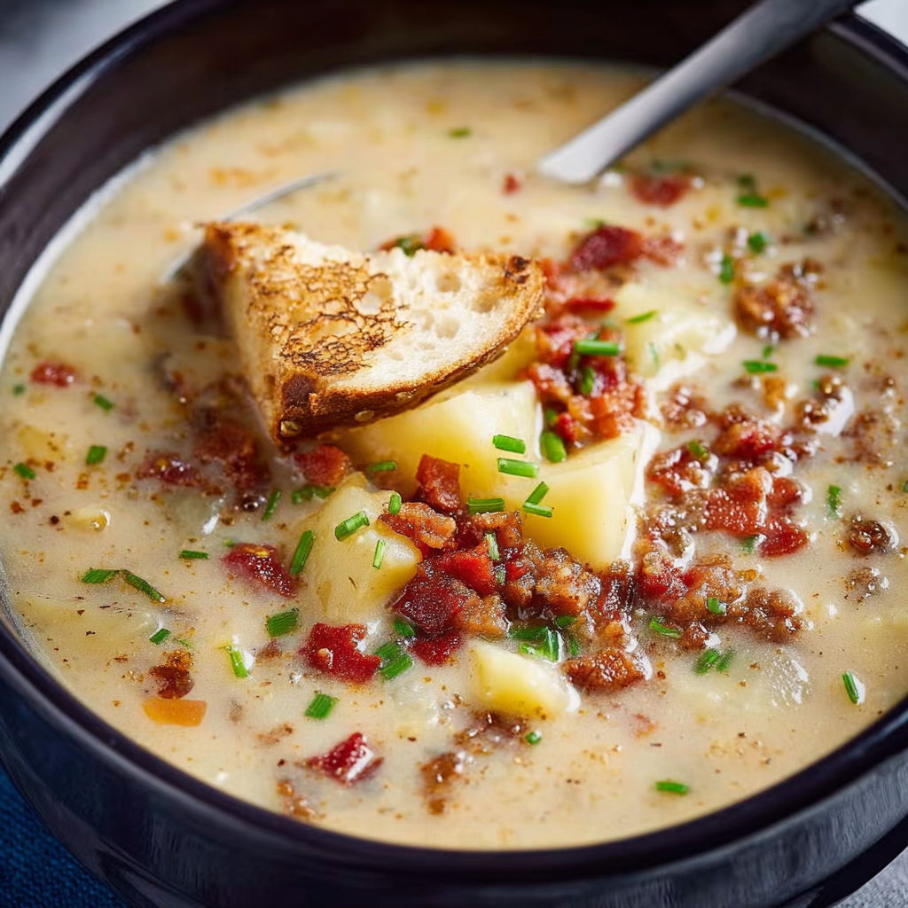A bowl of soup with a slice of bread and a green herb on top.