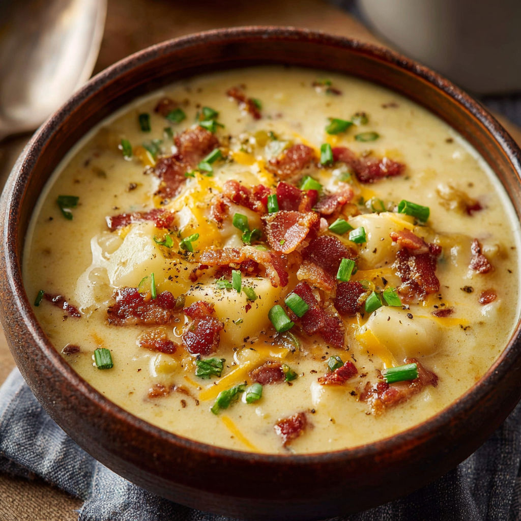 A bowl of soup with bacon and cheese on top.