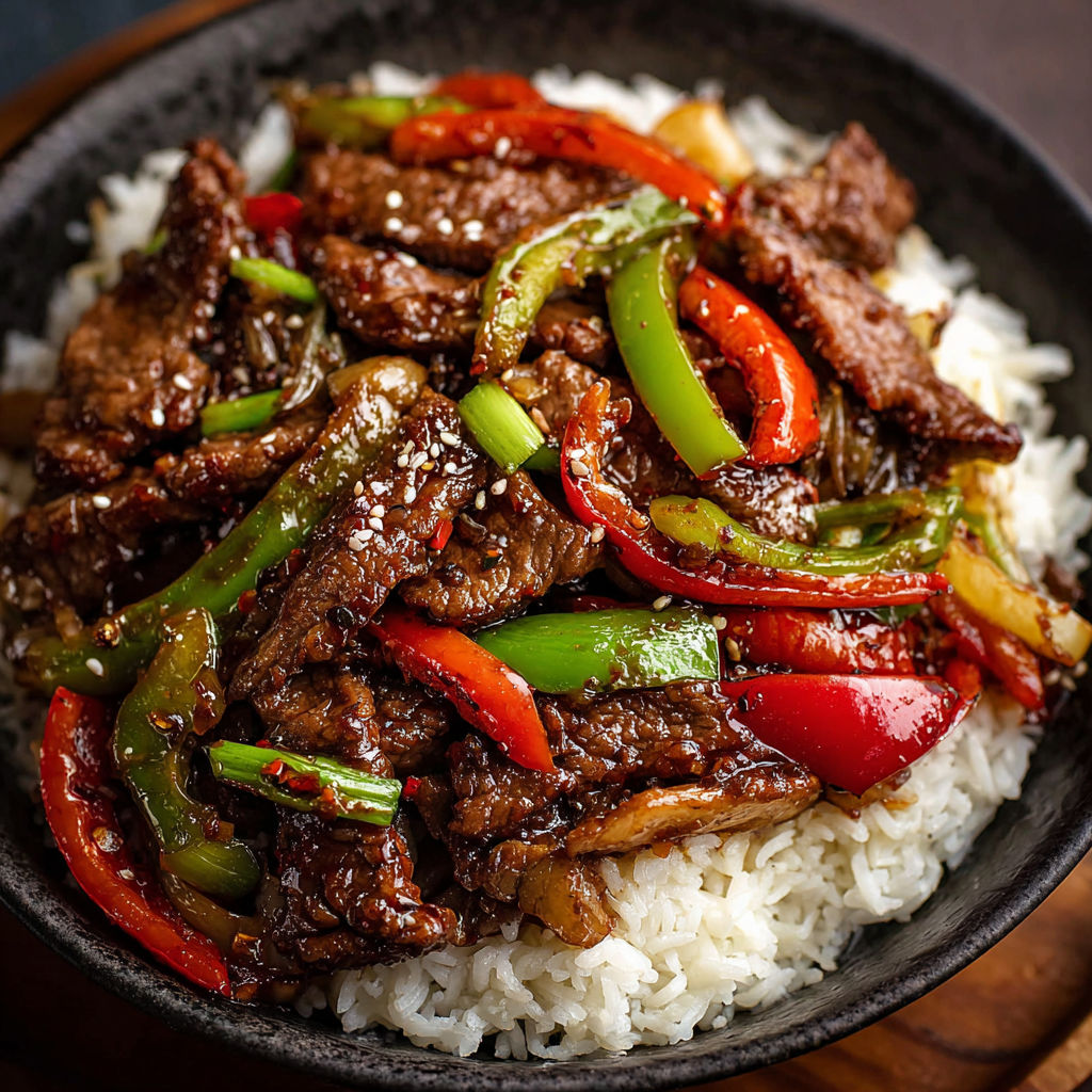 A bowl of Chinese Pepper Steak with rice and vegetables.