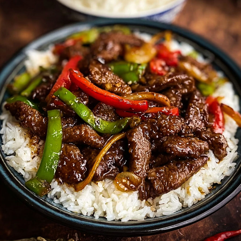 A bowl of beef and vegetable stir fry with rice.