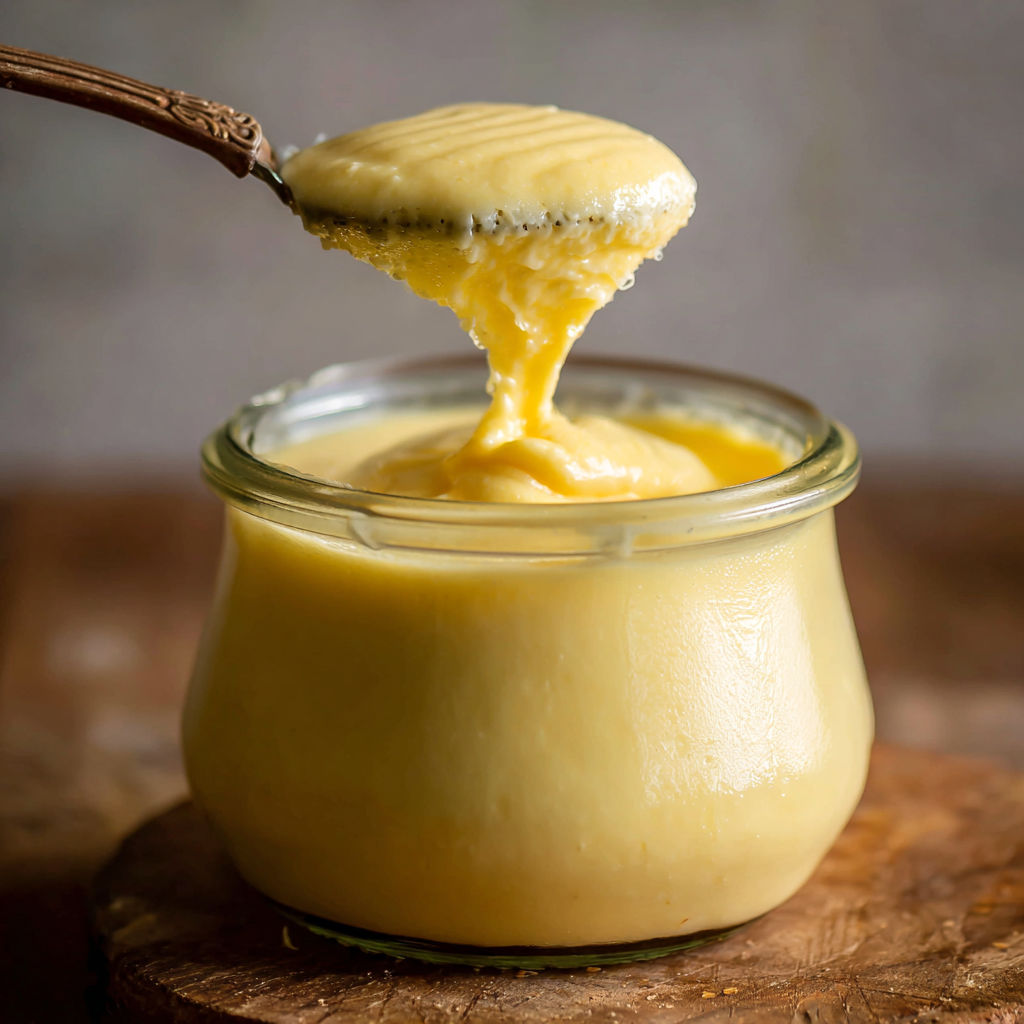 A glass bowl filled with Italian Pastry Cream being poured into a spoon.