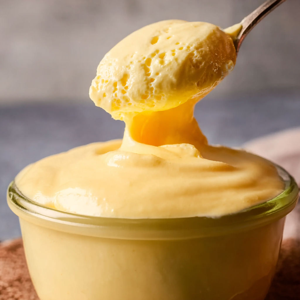 A spoonful of Italian Pastry Cream is being scooped out of a glass bowl.