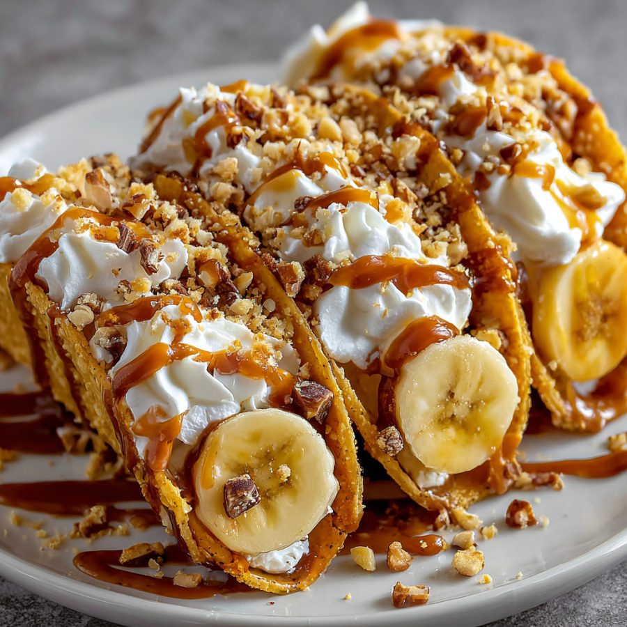 A plate of food with bananas and caramel drizzled on top.