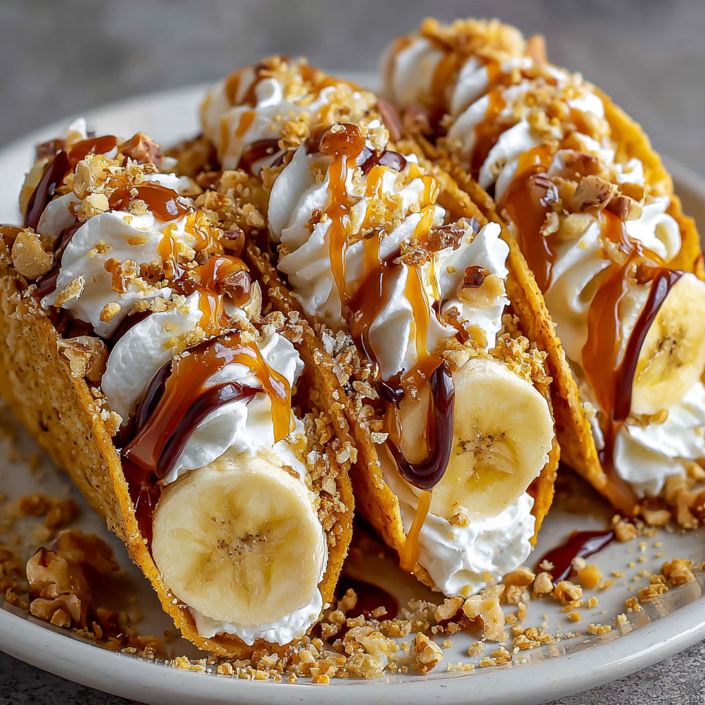 A plate of banana and walnut tacos with caramel drizzle.
