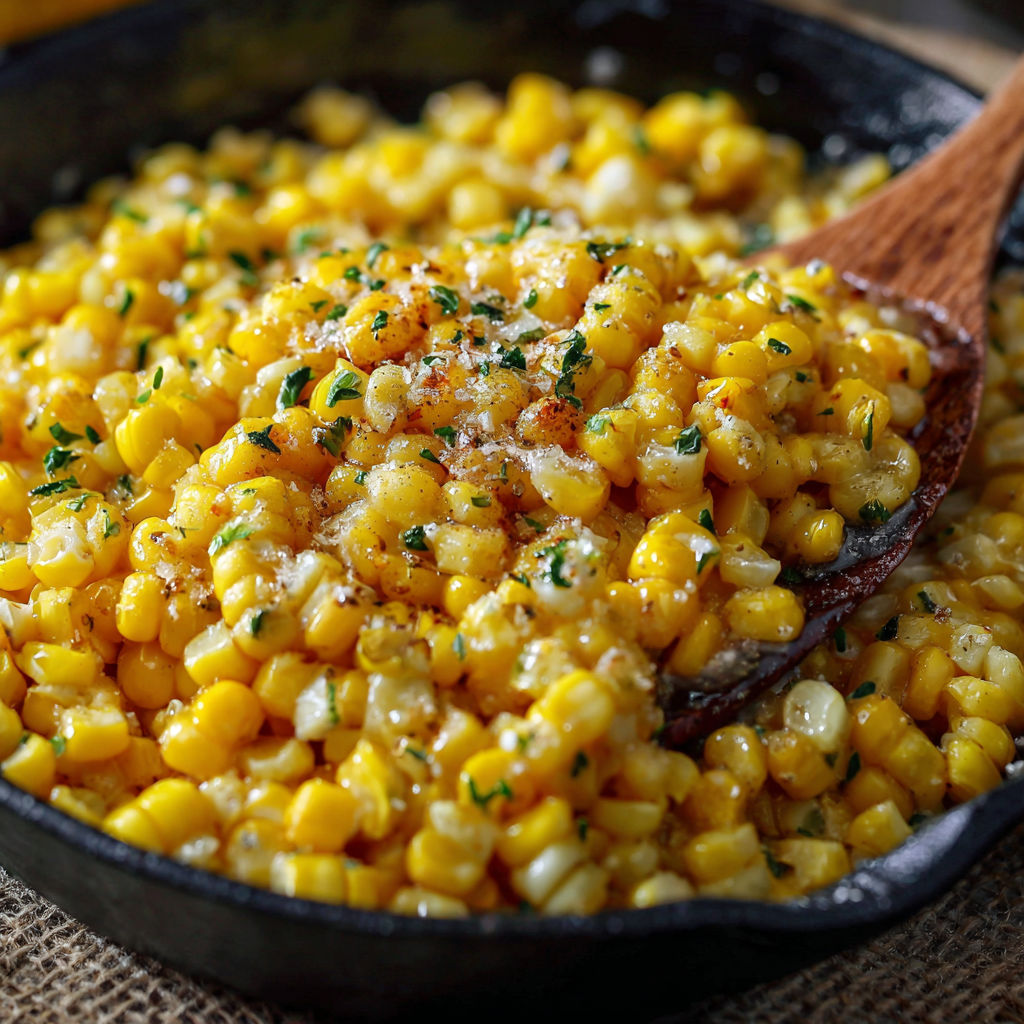 A skillet filled with corn and seasonings, ready to be cooked.