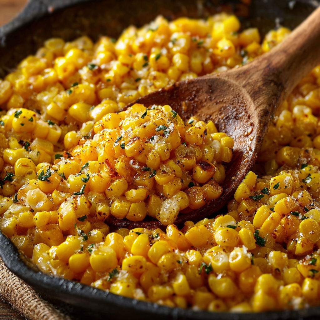 A wooden spoon is used to stir a dish of corn in a skillet.