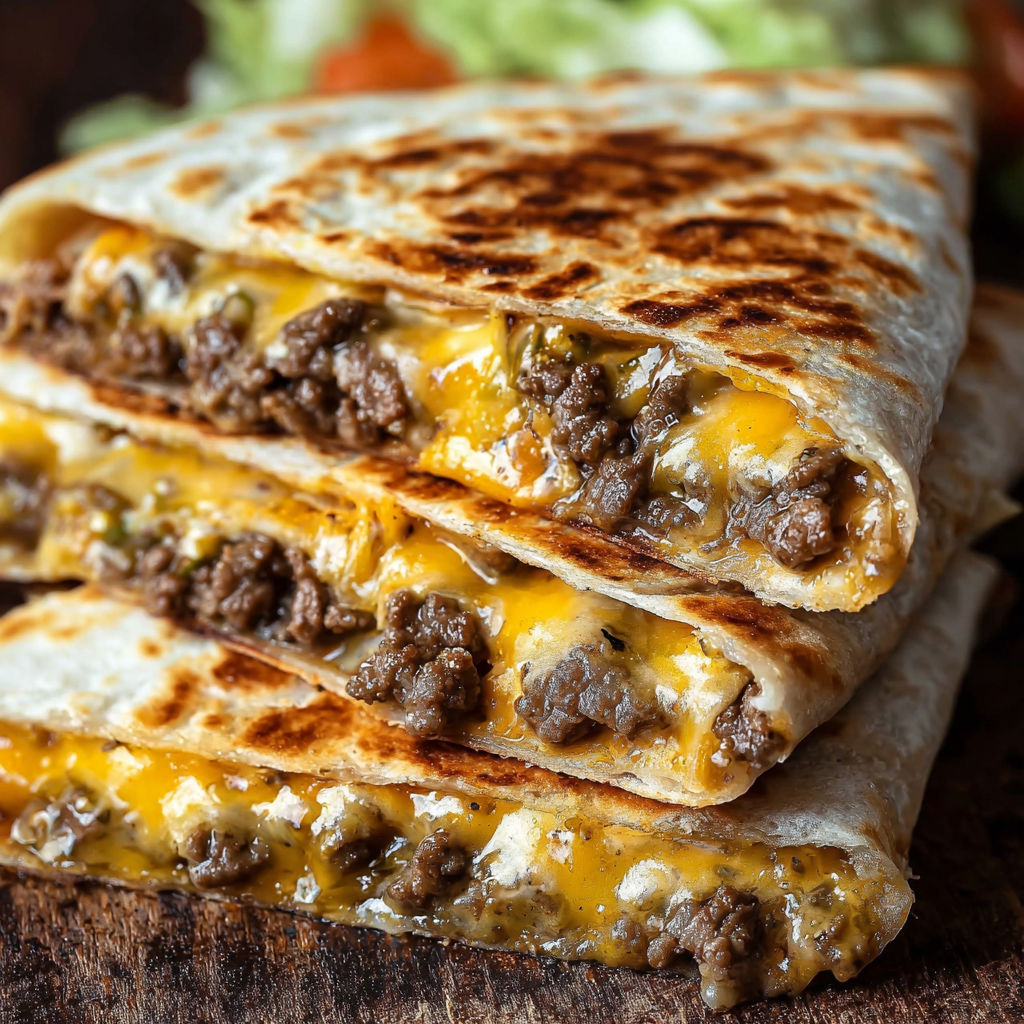 A delicious Blackstone Cheeseburger Quesadilla Recipe is served on a wooden table.