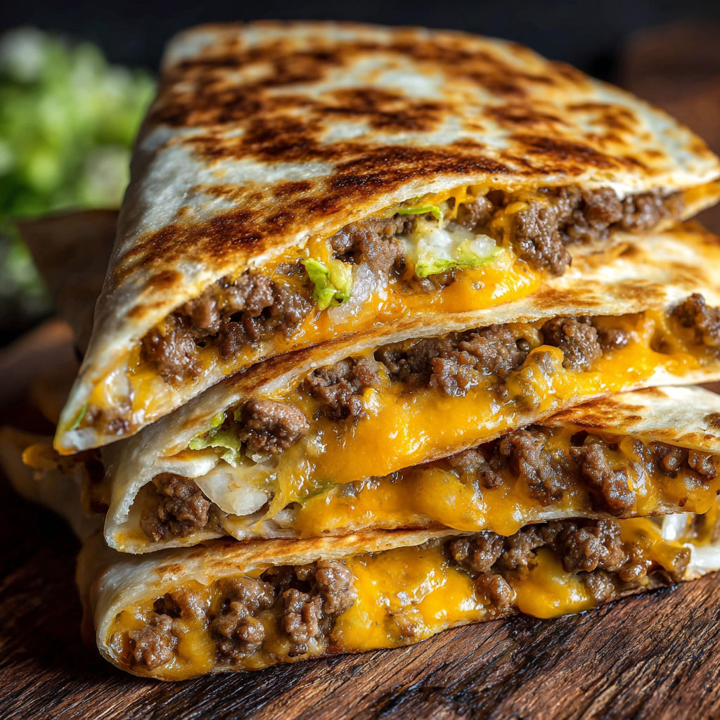 A delicious Blackstone Cheeseburger Quesadilla Recipe is displayed on a wooden table.