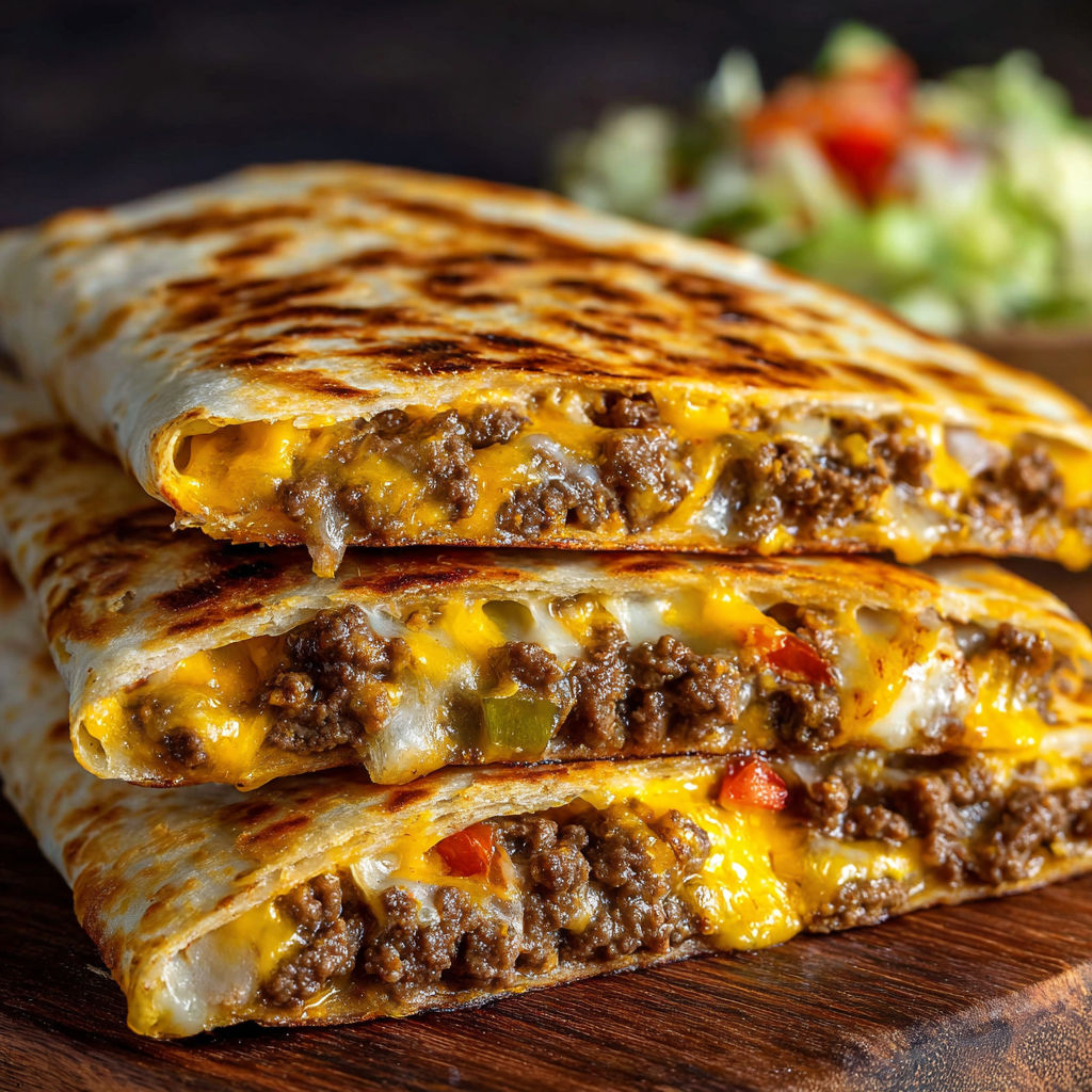 A delicious Blackstone Cheeseburger Quesadilla Recipe is served on a wooden table.