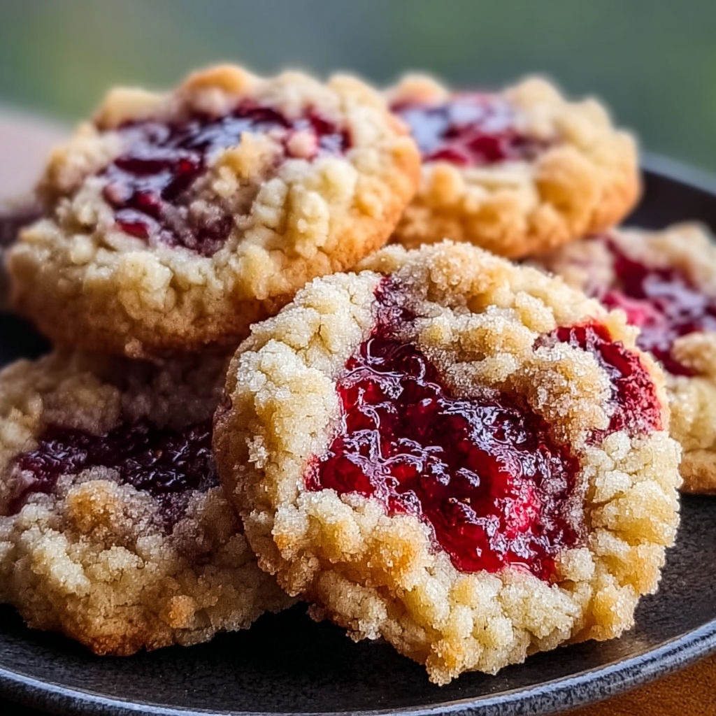 A plate of cookies with a berry filling, possibly raspberry, is displayed on a table.