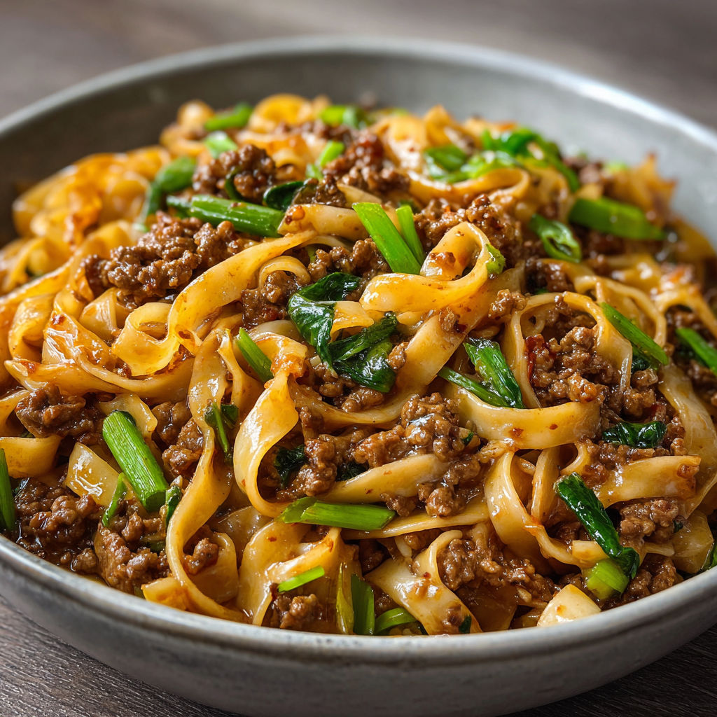 A bowl of Mongolian Noodles with Ground Beef, topped with green onions and garnished with parsley.