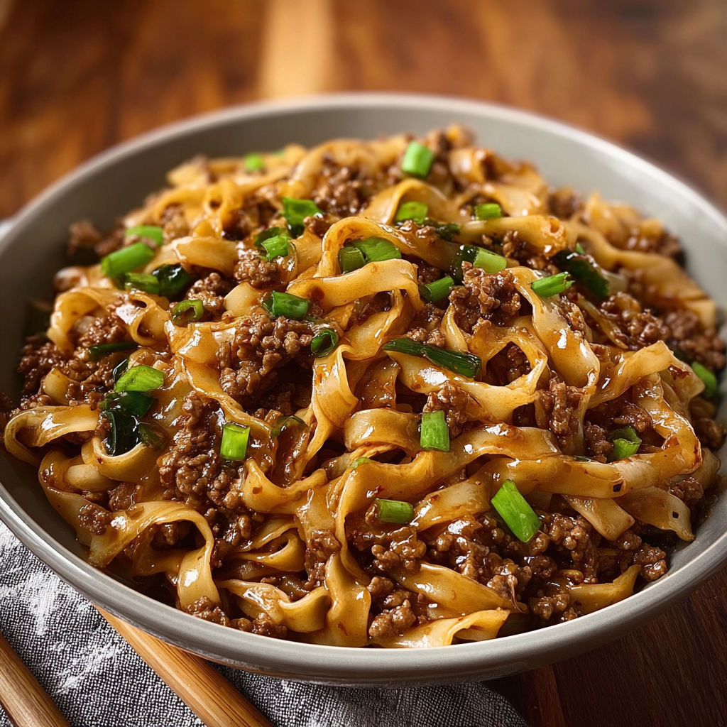 A bowl of beef and noodles with green onions on top.