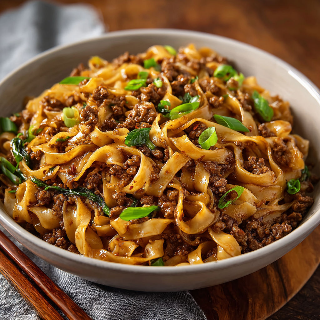 A bowl of noodles with meat and vegetables, possibly a stir fry dish.