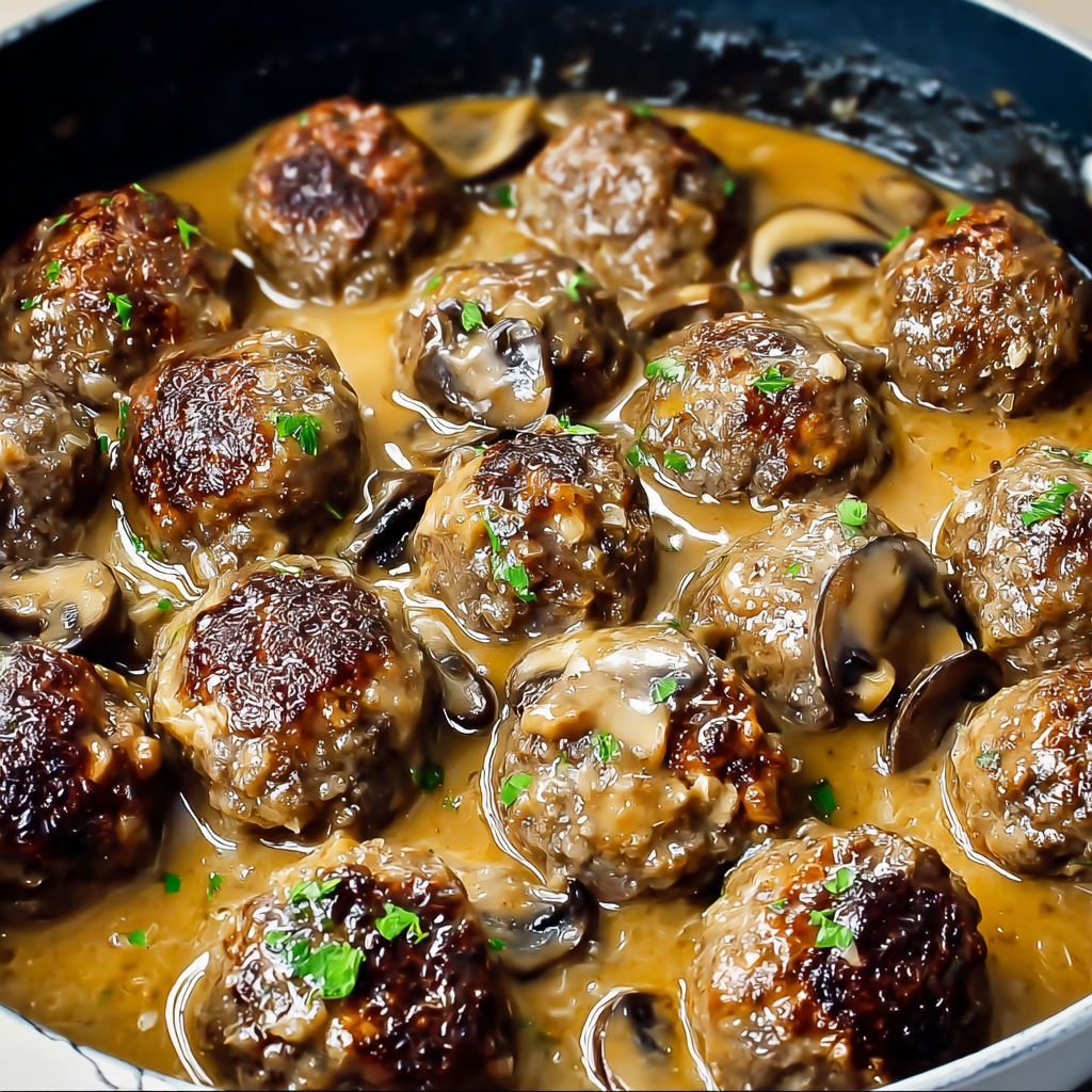 A delicious gourmet meatballs with mushroom sauce dish.