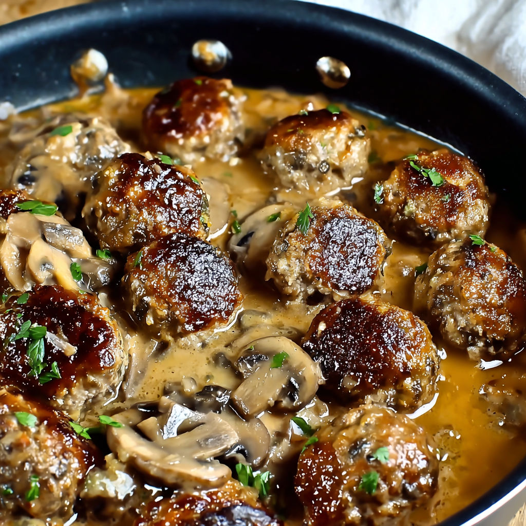 A delicious gourmet meatballs with mushroom sauce dish, served in a black pan.