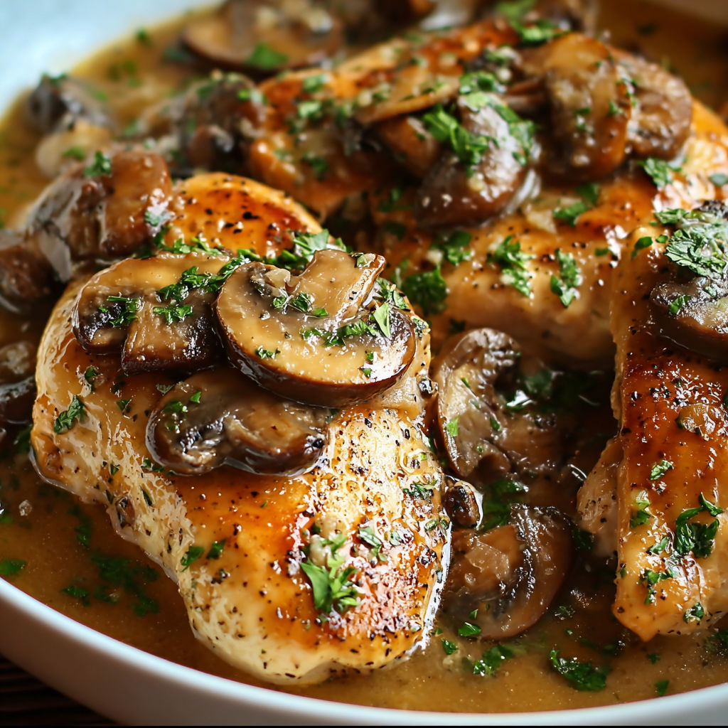 A plate of chicken Marsala with mushrooms and herbs.