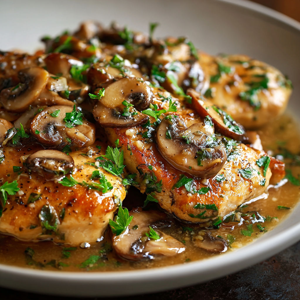 A plate of chicken with mushrooms and herbs, possibly a mushroom and herb chicken dish.