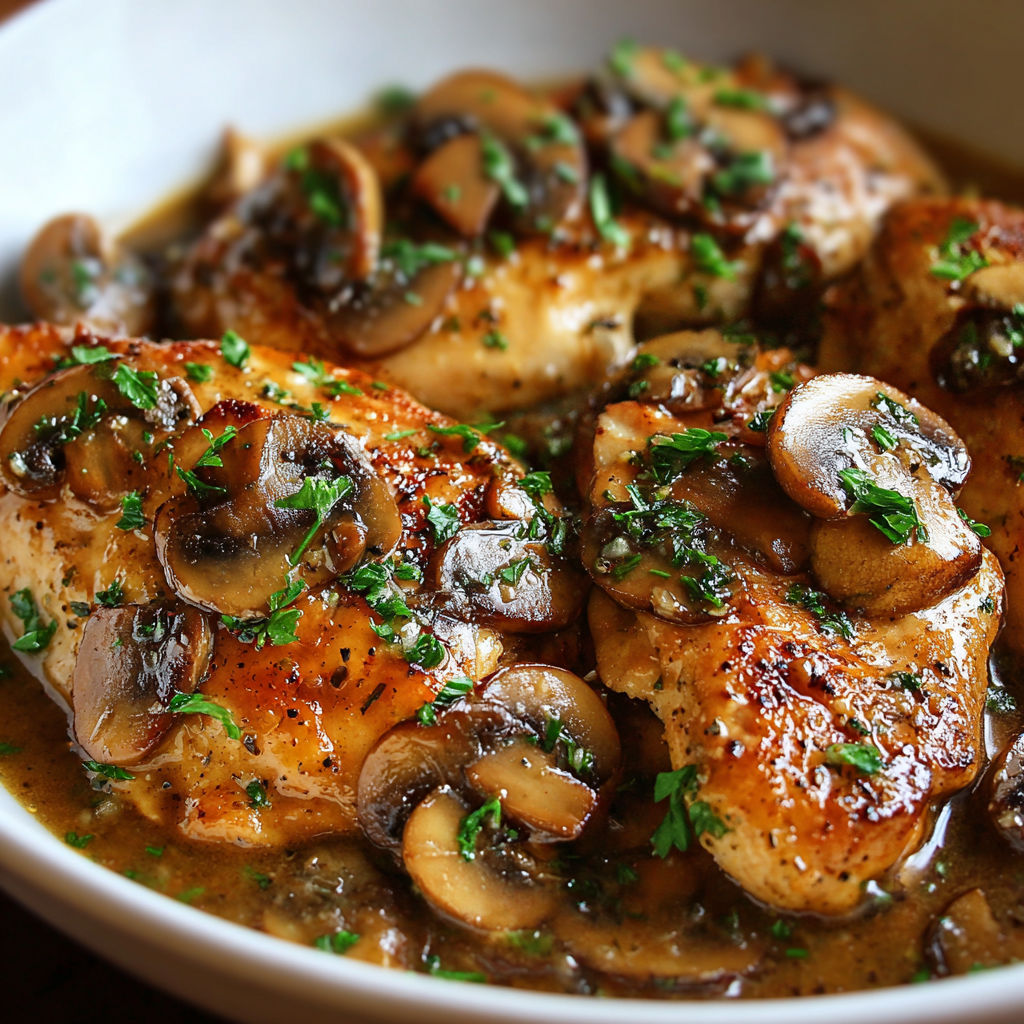 A white bowl filled with chicken and mushrooms, accompanied by a side of mushroom gravy.