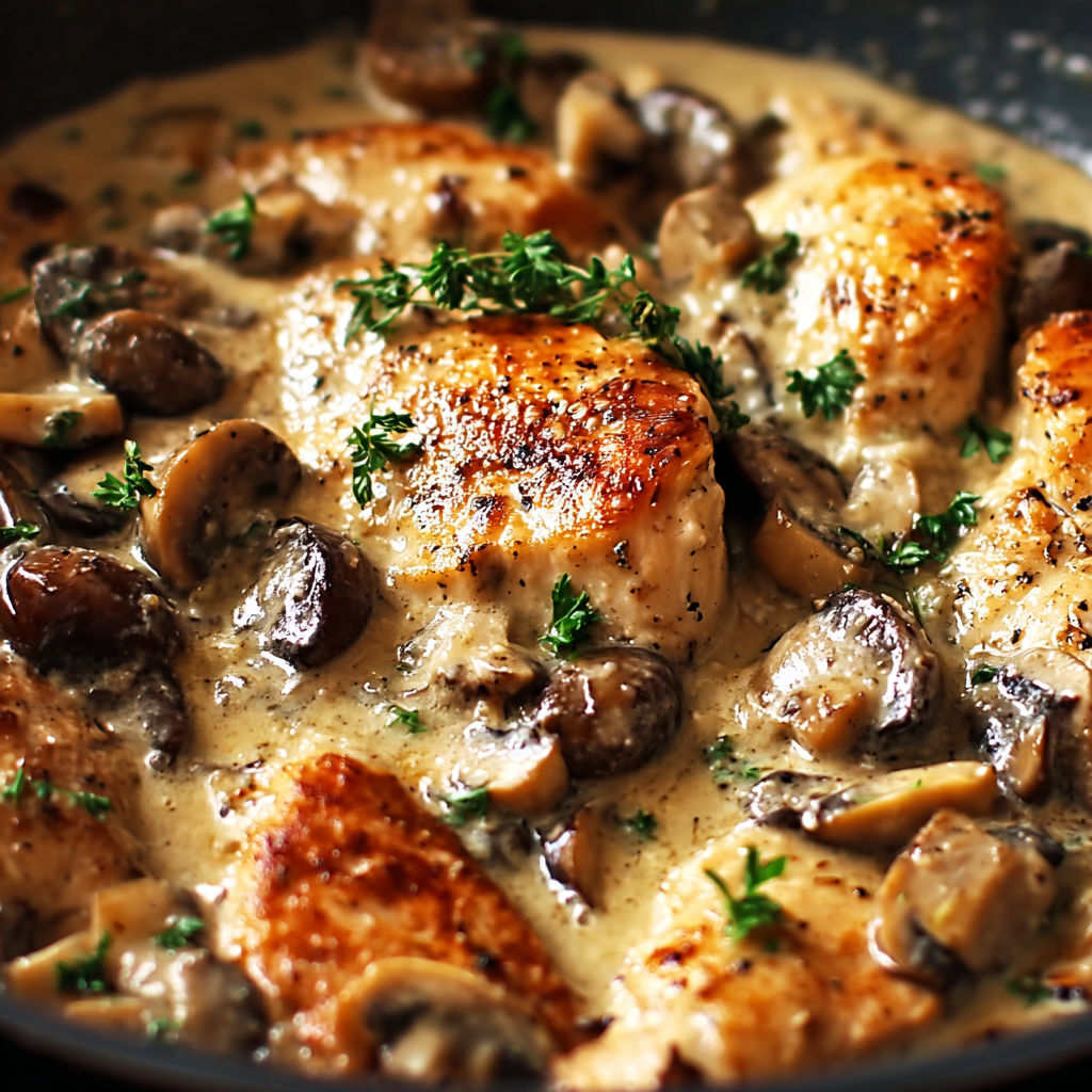 A delicious Dijon Mushroom Cream Chicken dish is cooked and ready to be served.