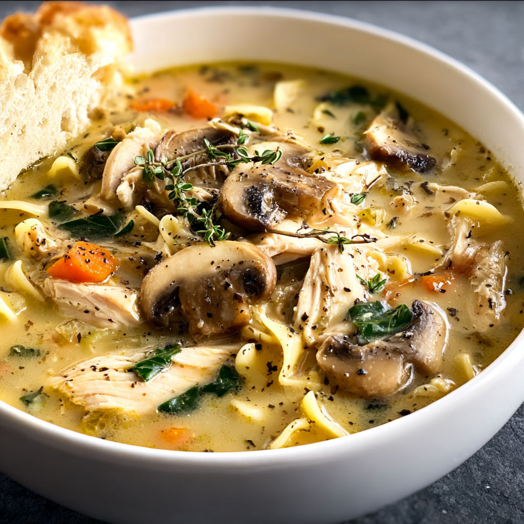 A bowl of soup with mushrooms and chicken in it.
