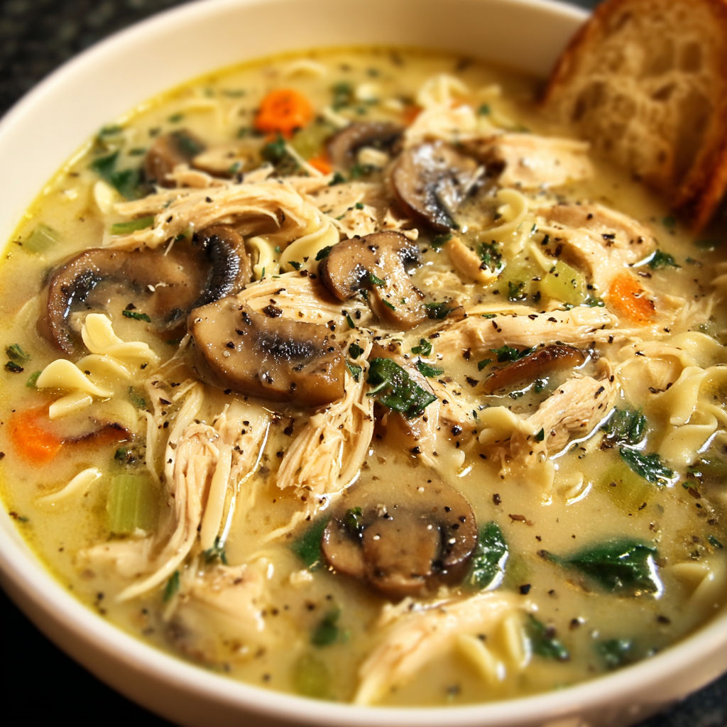 A bowl of soup with chicken, mushrooms, and carrots.