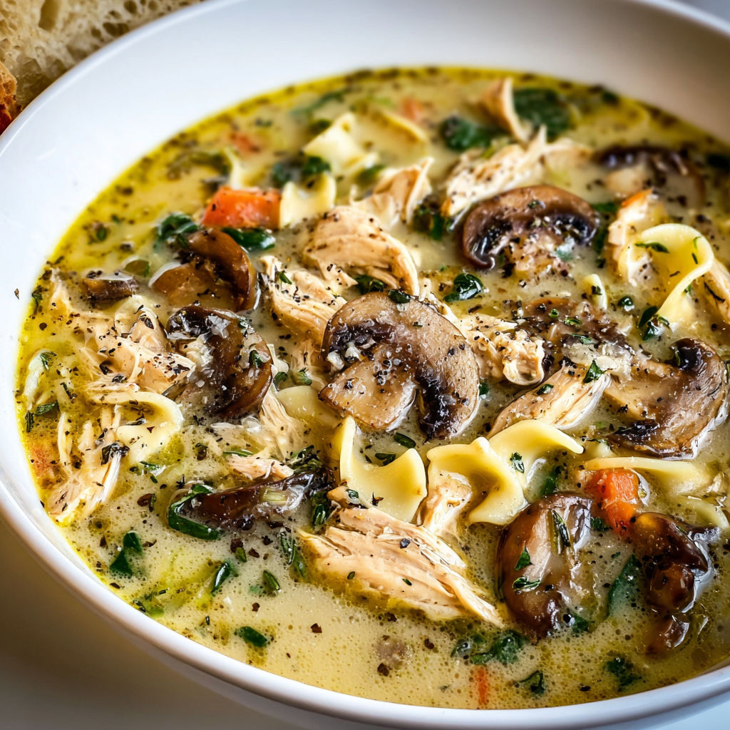 A bowl of soup filled with chicken, mushrooms, and other vegetables, accompanied by a slice of bread.