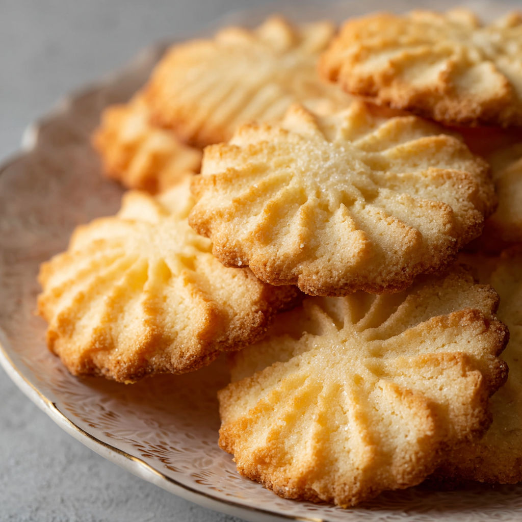 A plate of homemade butter cookies with a golden brown color.