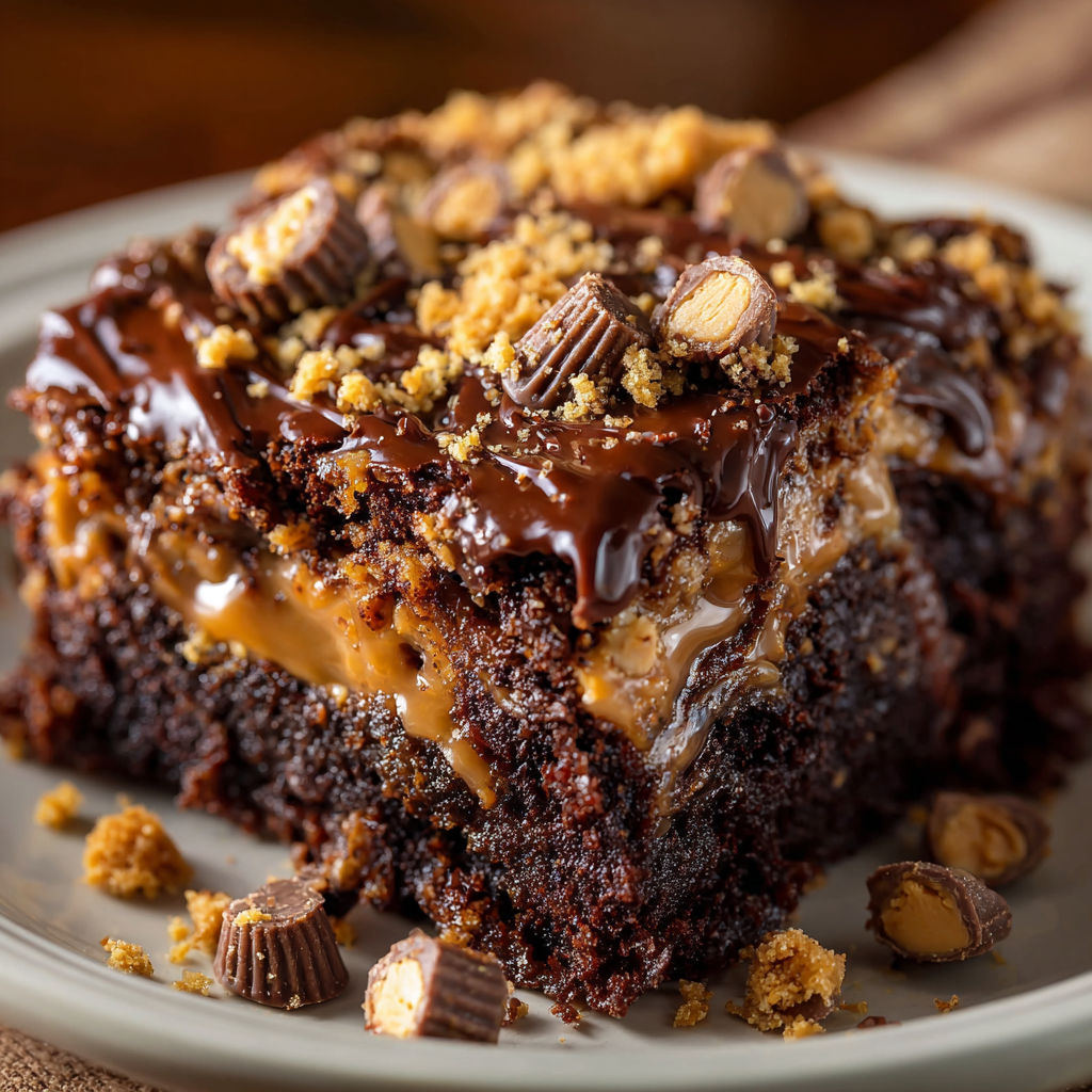 A delicious Peanut Butter Cup Dump Cake Recipe is displayed on a plate.