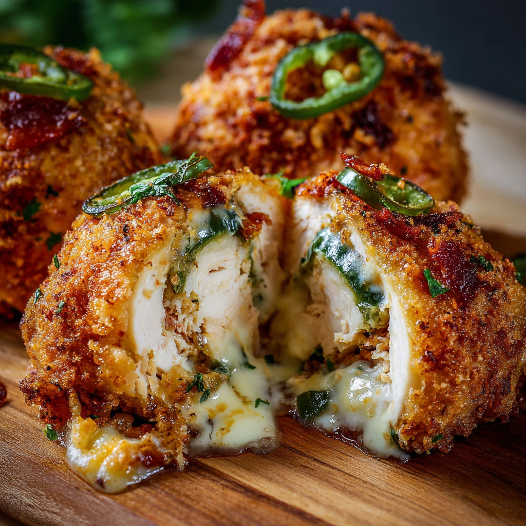 A close up of a delicious smoked jalapeño popper chicken bomb, with cheese dripping out of it.