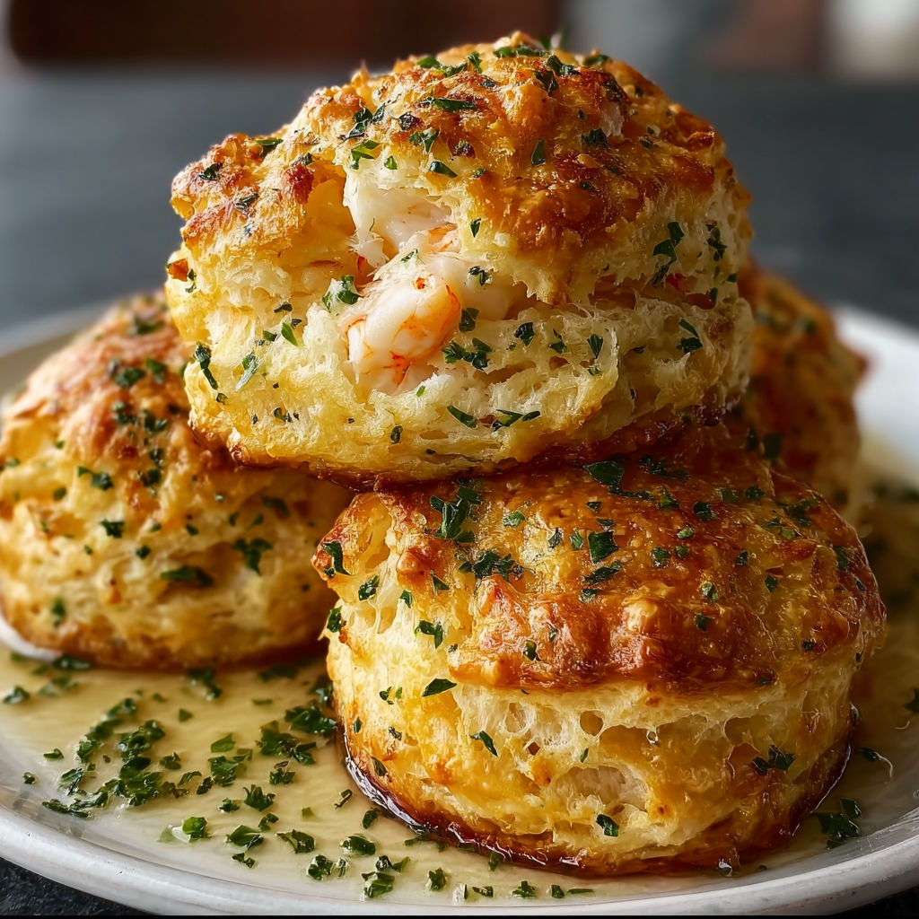 A plate of Crab Stuffed Cheddar Bay Biscuits with Lemon Butter.