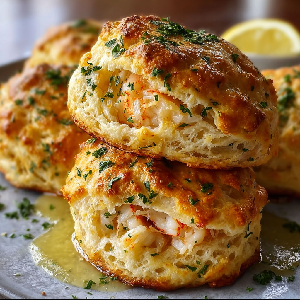 A stack of three biscuits with shrimp and herbs on top, served with a lemon wedge.