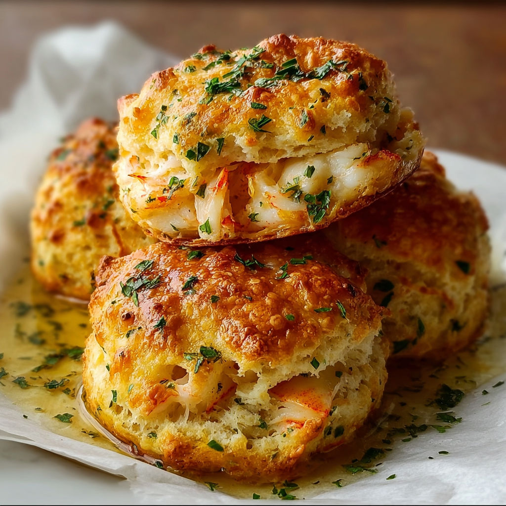 A stack of three crab cake biscuits with a drizzle of sauce on top.