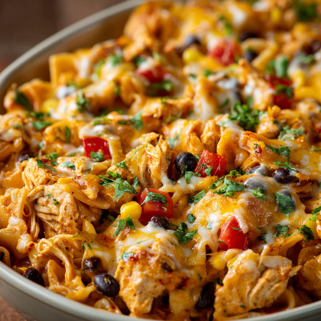 A delicious Fiesta Chicken Casserole is served in a bowl, topped with cheese and tomatoes.