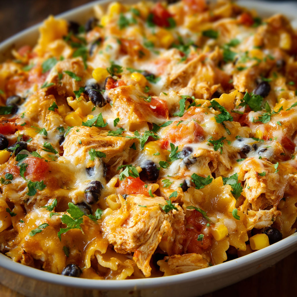 A delicious chicken and corn casserole is served in a white bowl.