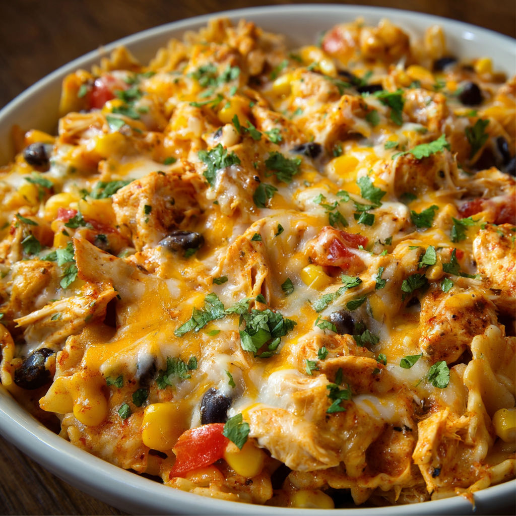A bowl of chicken and corn casserole with a variety of vegetables and spices.