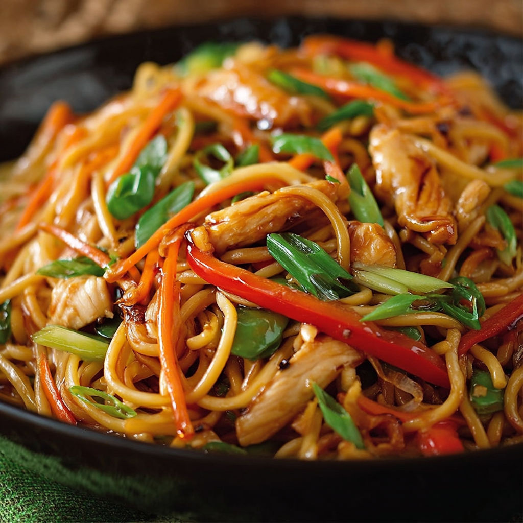 A bowl of Chinese food with noodles, chicken, and vegetables.