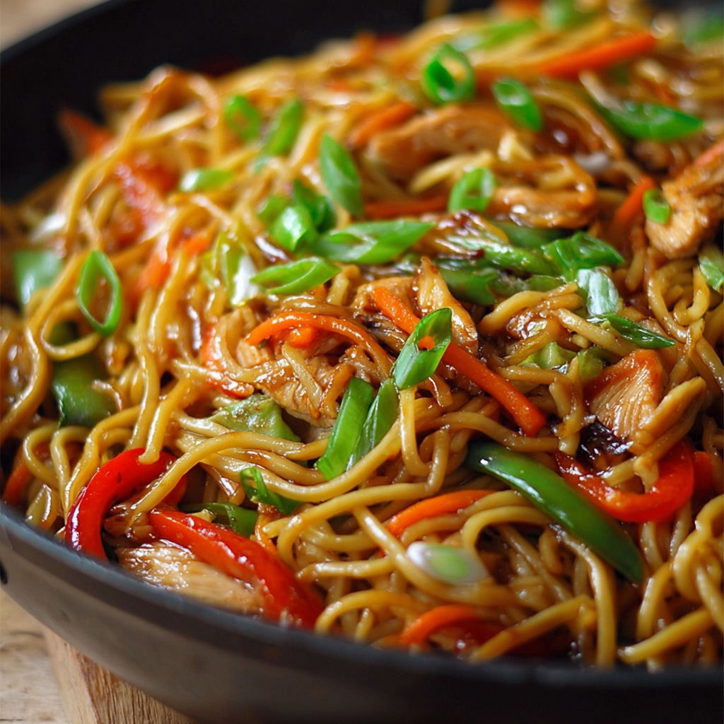 A delicious stir fry dish with noodles, carrots, peppers, and chicken, served in a black wok.