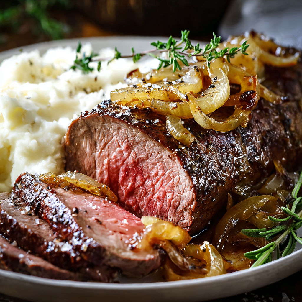 A delicious meal of roasted beef tenderloin with caramelized onions and horseradish sauce.