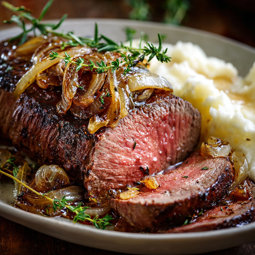 A delicious roasted beef tenderloin with caramelized onions and horseradish sauce.