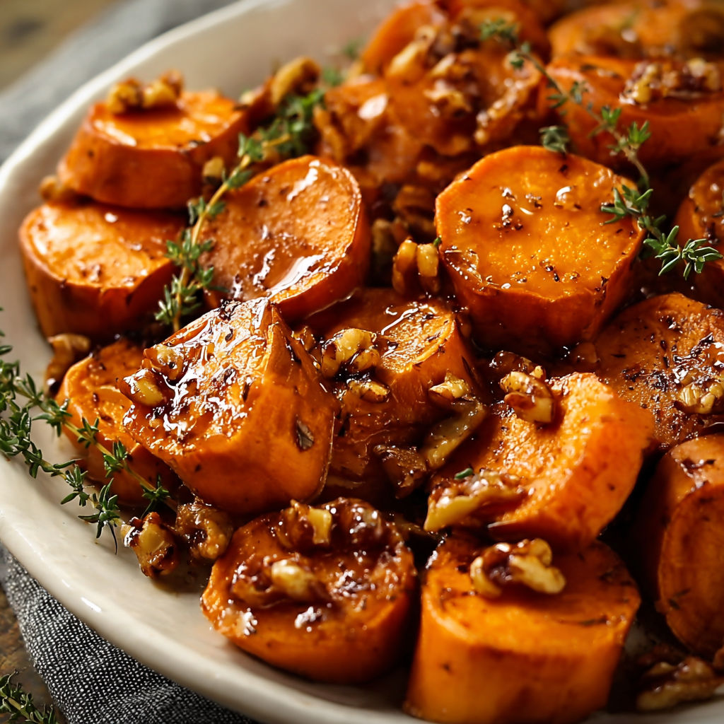 A dish of roasted sweet potatoes with walnuts and a drizzle of maple syrup.
