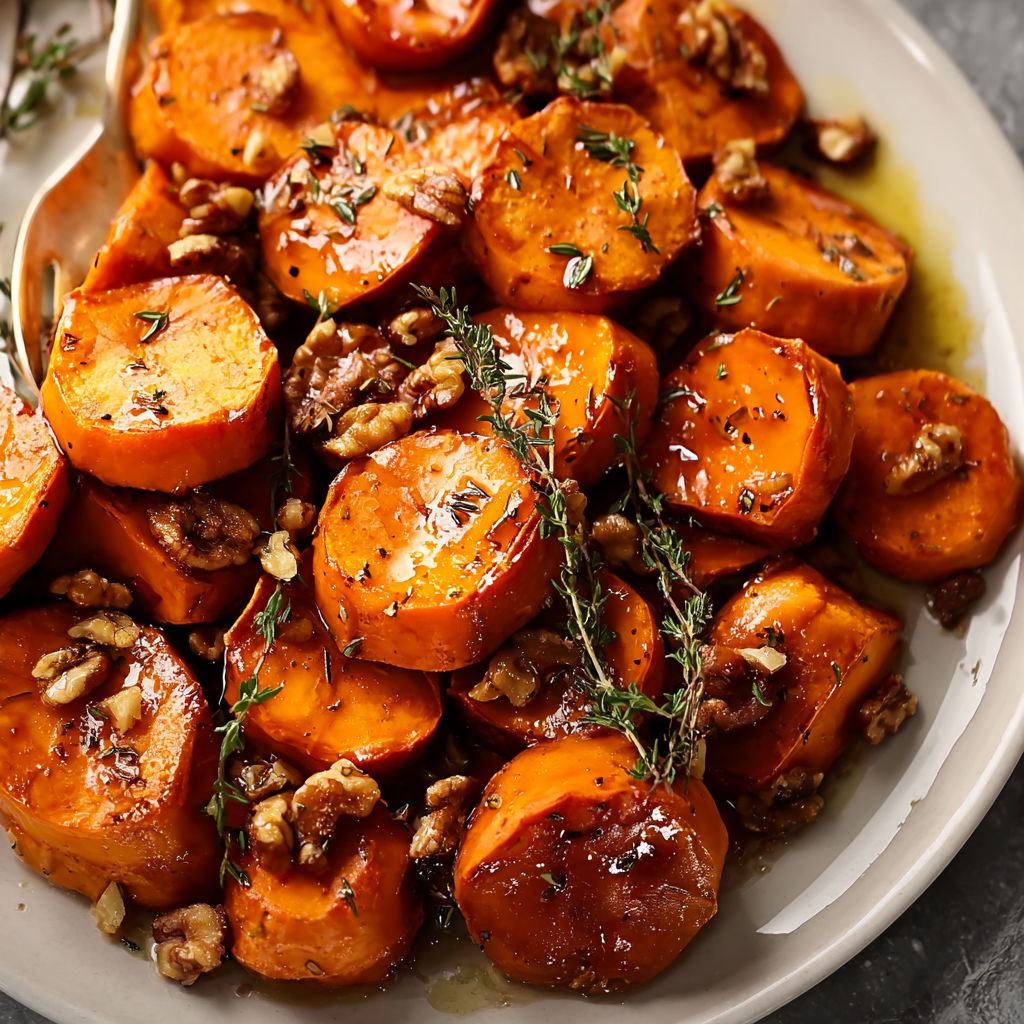 A plate of roasted carrots with walnuts and herbs, served with a side of marinated tofu.