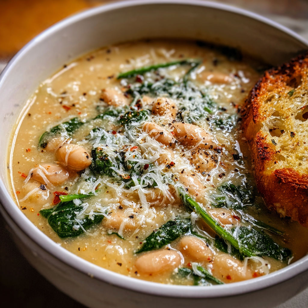 A bowl of Tuscan Parmesan Cream Soup with a piece of bread on the side.