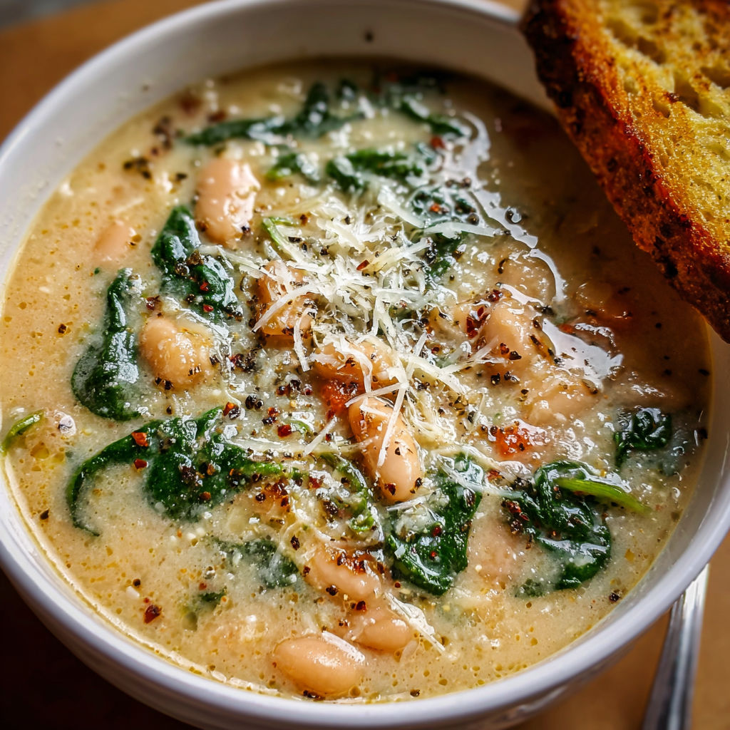 A bowl of soup with a slice of bread on the side.