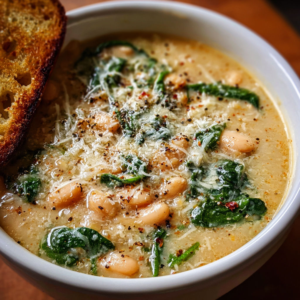 A bowl of soup with green vegetables and cheese, accompanied by a slice of bread.